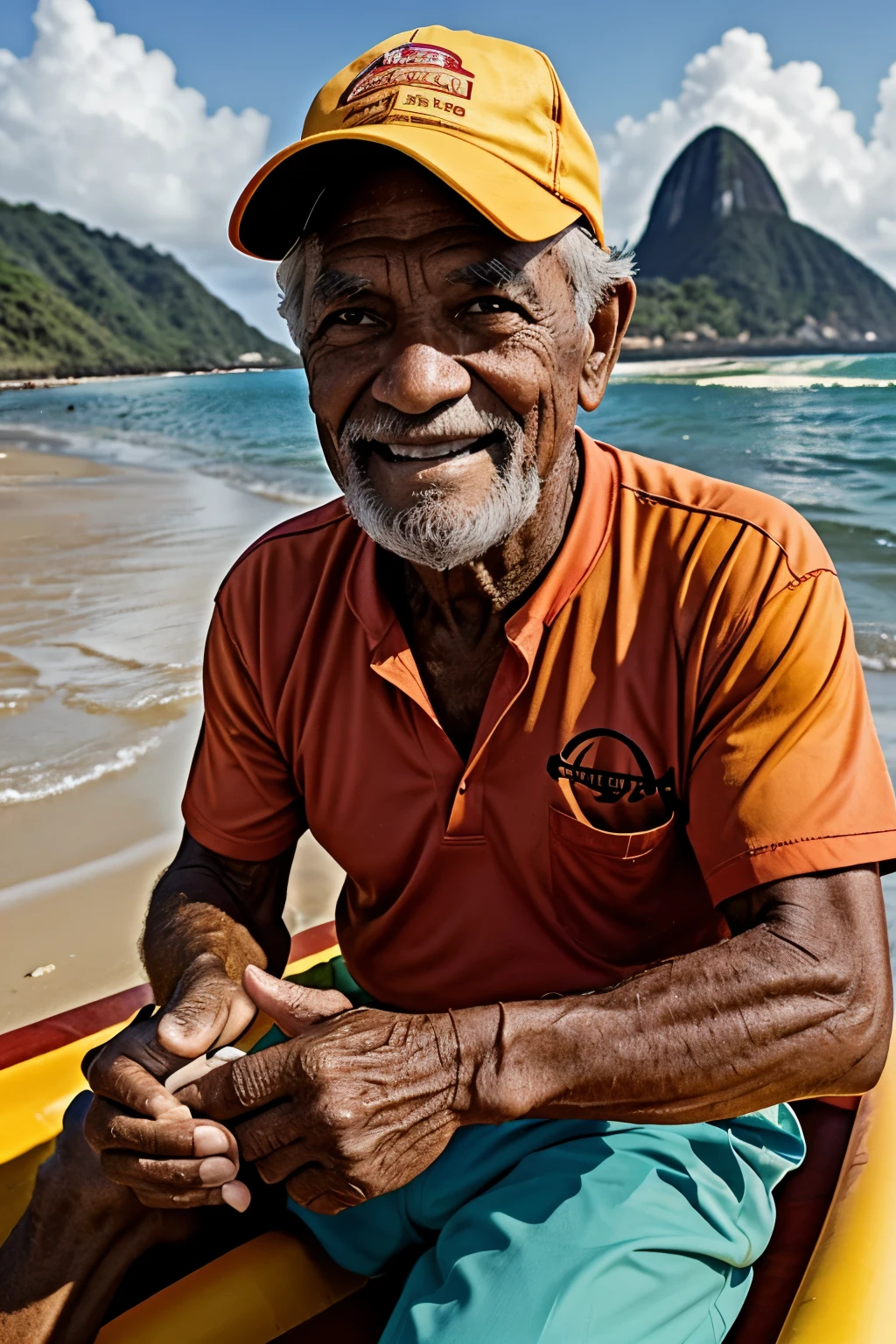 An elderly fisherman on the beaches of Rio Grande do Norte, Brazil. Dark, tanned skin. He wears simple and red clothes. The setting is in the late afternoon, in yellow and orange tones. The man smiles, he is on top of a raft holding a fish in one hand, while in the other he holds a fishing net.