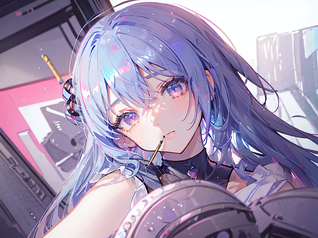8k wallpaper,tmasterpiece,cinmatic lighting,top Quority,illustratio,Dramatic angles,((a color:1.1)),((Colored inner hair:1.4)),
1girll, solo, long blue hair, SakuraNS, Pink eyes, Cross necklace, parted lip, a white choker, liquid hair, Light blue hair, By bangs, By bangs, From the side Side, contours, The upper part of the body, blue hairs, anime kitchen backgound, pink back ground, exposed bare shoulders, sportrait, looking at viewert, white dresses, hairsbetweeneyes, colorfulhair, kitchen Background, Nebula, 耳Nipple Ring,jewely, majestic, eating hamburger, table of foods, crowded from behind