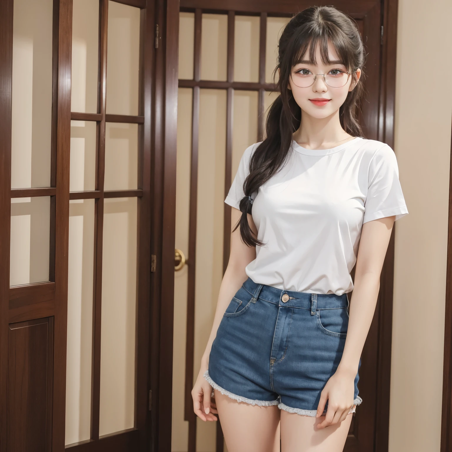 (Best quality, masterpiece, detailed), (RAW, 4k, hd images), shy, 1 girl, 17 years old, white skin, long hair, ponytail, layers hair, bangs, black hair, beautiful girl, cute girl, sweet girl, pretty girl,perfect girl, pretty eyes, blue eyes, thin lips, thin,(eye line, lip stick soft), perfect , glasses(detailed frame), indoors, smile, thigh, full body, white tshirt clothea, blue short pants, standing