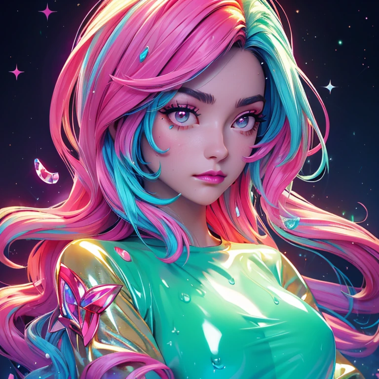 a portrait of a woman who looks very bored, glitter slime dripping from her face, she has long hair with colored streaks, neon lipstick
