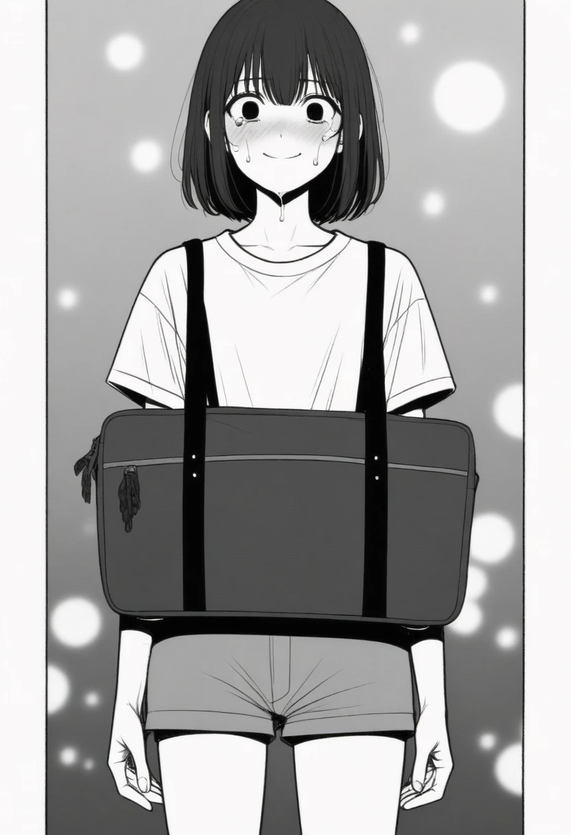 masterpiece, best quality, 1girl, mamerakkkkko, grayscale, manga style, japanese, chi no wadachi, black eyes, street, iced, black hair, schoolbag, smile, lineart, white background, white shirt, grey shorts, centered, 18 years old, tall, fair skinned, bokeh background, crying, tears, straight-on, tears streaming
