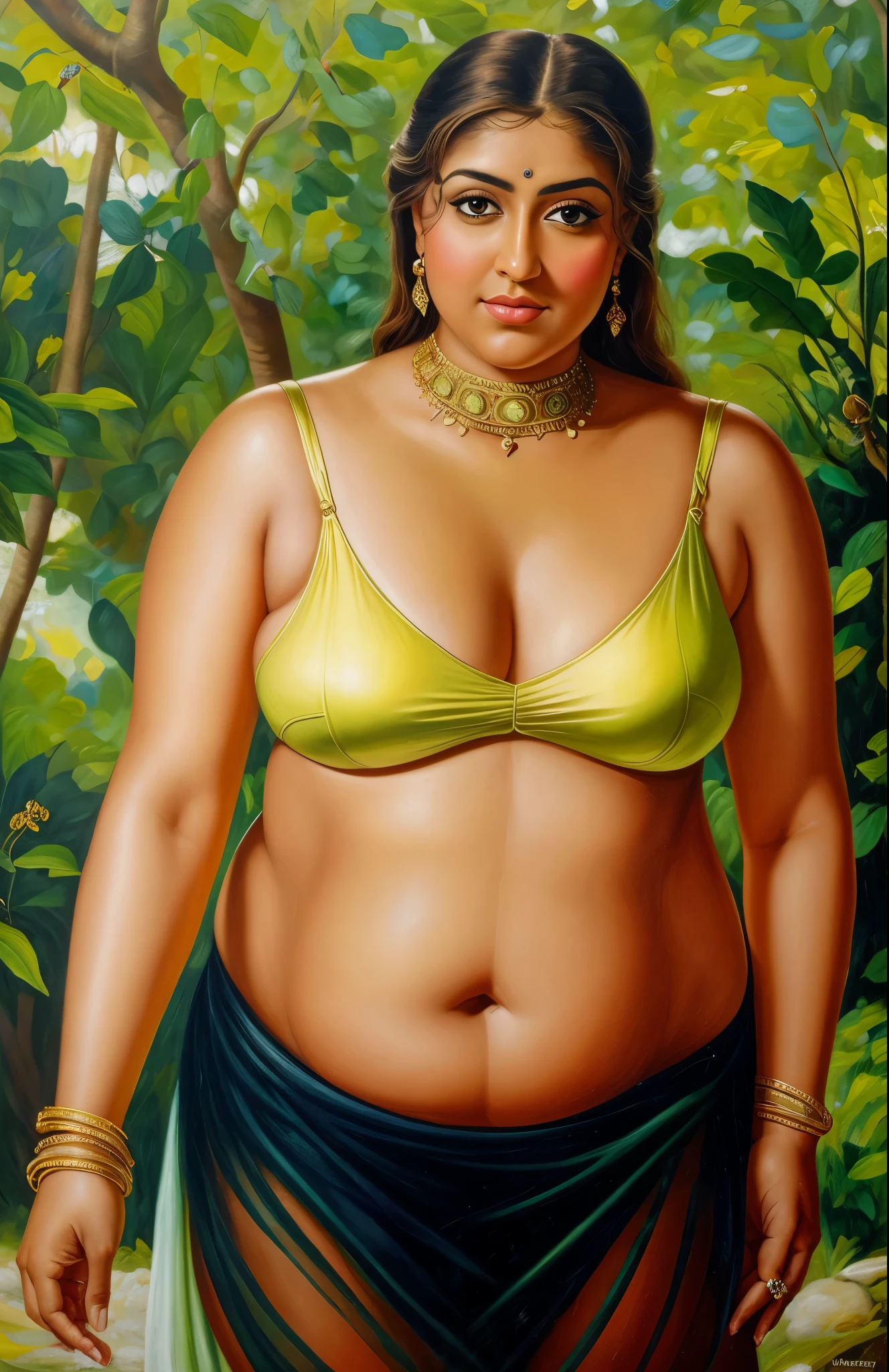 Looks like Nayanthara, curvy, thick figure, heavy figure, sexy navel folds, Masterpiece, Best quality, high clarity eyes, beautifully styled hair, critically flawless,sharp picture, Full portrait, High pixels, perfect face, perfect eyes, beautiful face, perfect hands,perfect fingers, in Peter Paul Rubens style, by Peter Paul Rubens, baroque style, acrylic on canvas, highly detailed, description: "Create a nymph inspired by the tales of Greek or Roman mythology, embodying the essence of a natural element or location, and possessing a unique ability or trait that sets her apart.", 1 female, 