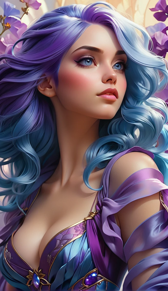 close-up of a woman with blue hair and a purple dress, digital art by Artgerm, ArtStation, Fantasy art, beautiful Fantasy art portrait, beautiful gorgeous digital art, glossy digital painting, Gorgeous digital painting, Rossdros Pastel Bright, beautiful fantasy portrait, beautiful Fantasy art, exquisite digital illustration, karol bak uhd, gorgeous digital art, beautiful drawing of the characters