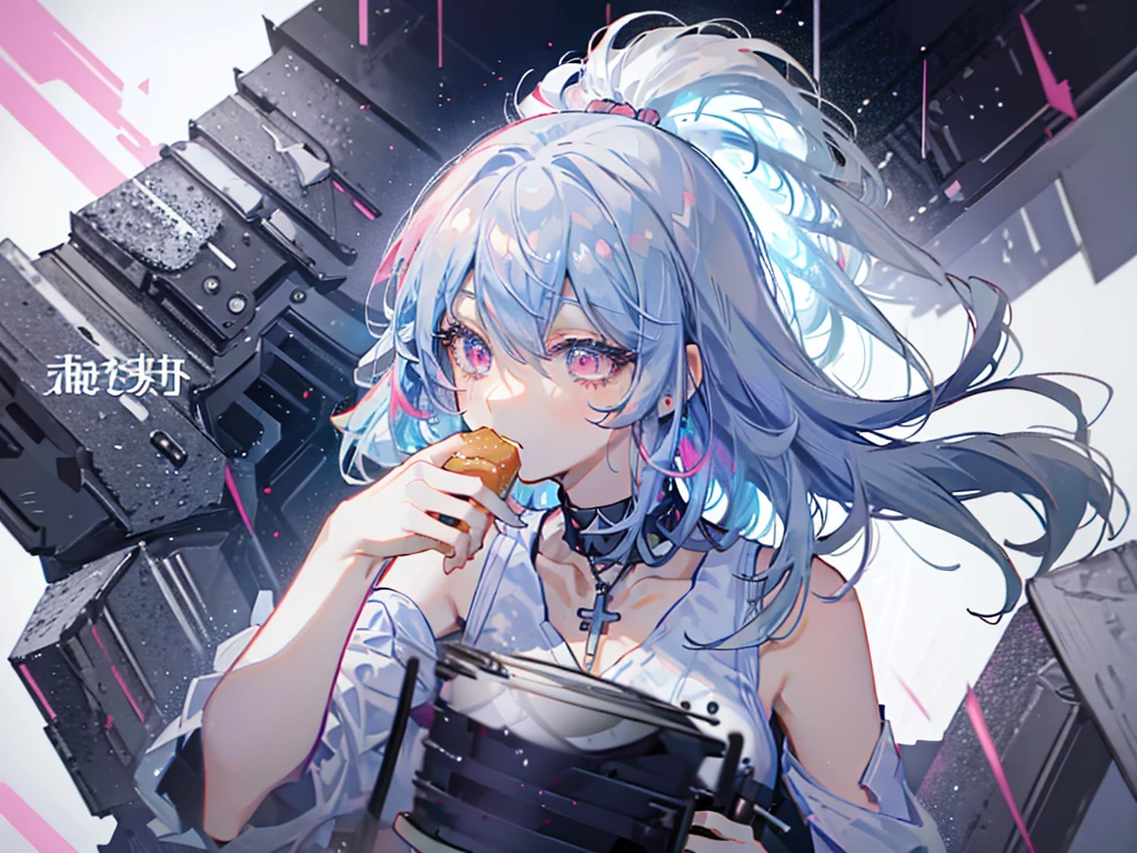 8k wallpaper,tmasterpiece,cinmatic lighting,top Quority,illustratio,Dramatic angles,((a color:1.1)),((Colored inner hair:1.4)),
1girll, solo, long blue hair, SakuraNS, Pink eyes, Cross necklace, parted lip, a white choker, liquid hair, Light blue hair, By bangs, By bangs, From the side Side, contours, The upper part of the body, blue hairs, anime kitchen backgound, pink back ground, exposed bare shoulders, sportrait, looking at viewert, white dresses, hairsbetweeneyes, colorfulhair, kitchen Background, Nebula, 耳Nipple Ring,jewely, majestic, eating hamburger, table of foods, crowded from behind