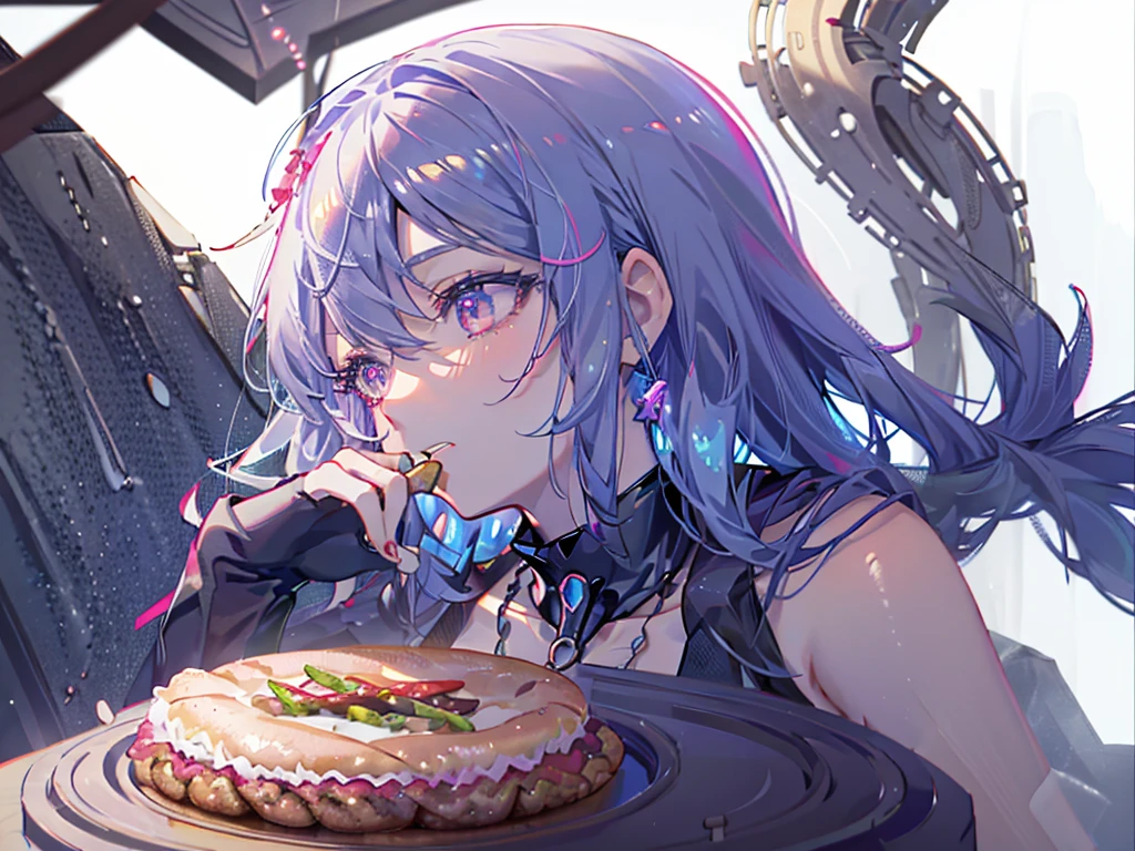 8k wallpaper，tmasterpiece，cinmatic lighting，top Quority，illustratio，Dramatic angles，（（a color：1.1）），（（Colored inner hair：1.4）），
1girll， solo， long blue hair， SakuraNS， Pink eyes， Cross necklace， parted lip， a white choker， liquid hair， Light blue hair， By bangs， By bangs， From the side Side， contours， The upper part of the body， blue hairs， anime kitchen backgound， pink back ground， exposed bare shoulders， sportrait， looking at viewert， white dresses， hairsbetweeneyes， colorfulhair， kitchen Background, Nebula, 耳Nipple Ring，jewely, majestic, eating hamburger, table of foods, crowded from behind
