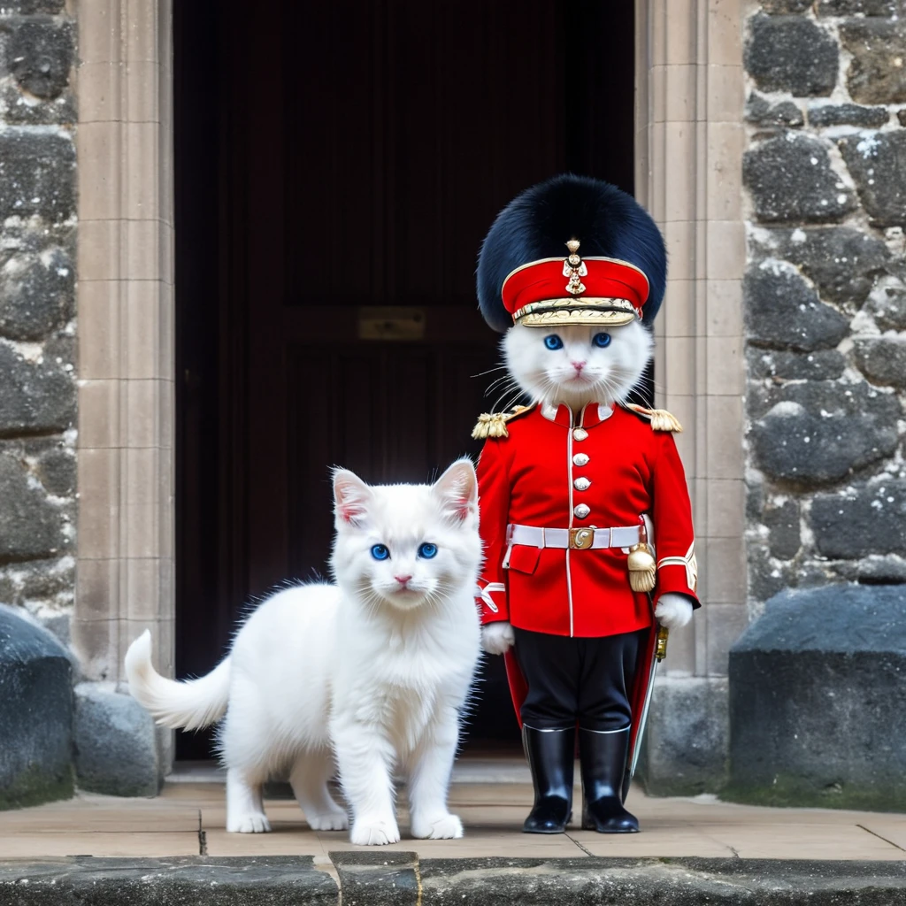 C4tt4stic, anthropomorphic blue-eyed white furry kitten, surrounded by countless light particles, each shining brightly, A ceremonial guard in a red uniform and a black bearskin hat stands in front of a historic building. The guard is positioned inside a small guardhouse structure with a curved top. The building has stone walls and a window in the background. The guard is standing straight with a rifle held over his shoulder, demonstrating a formal and disciplined posture. The scene resembles the Changing of the Guard ceremony at Buckingham Palace in London.