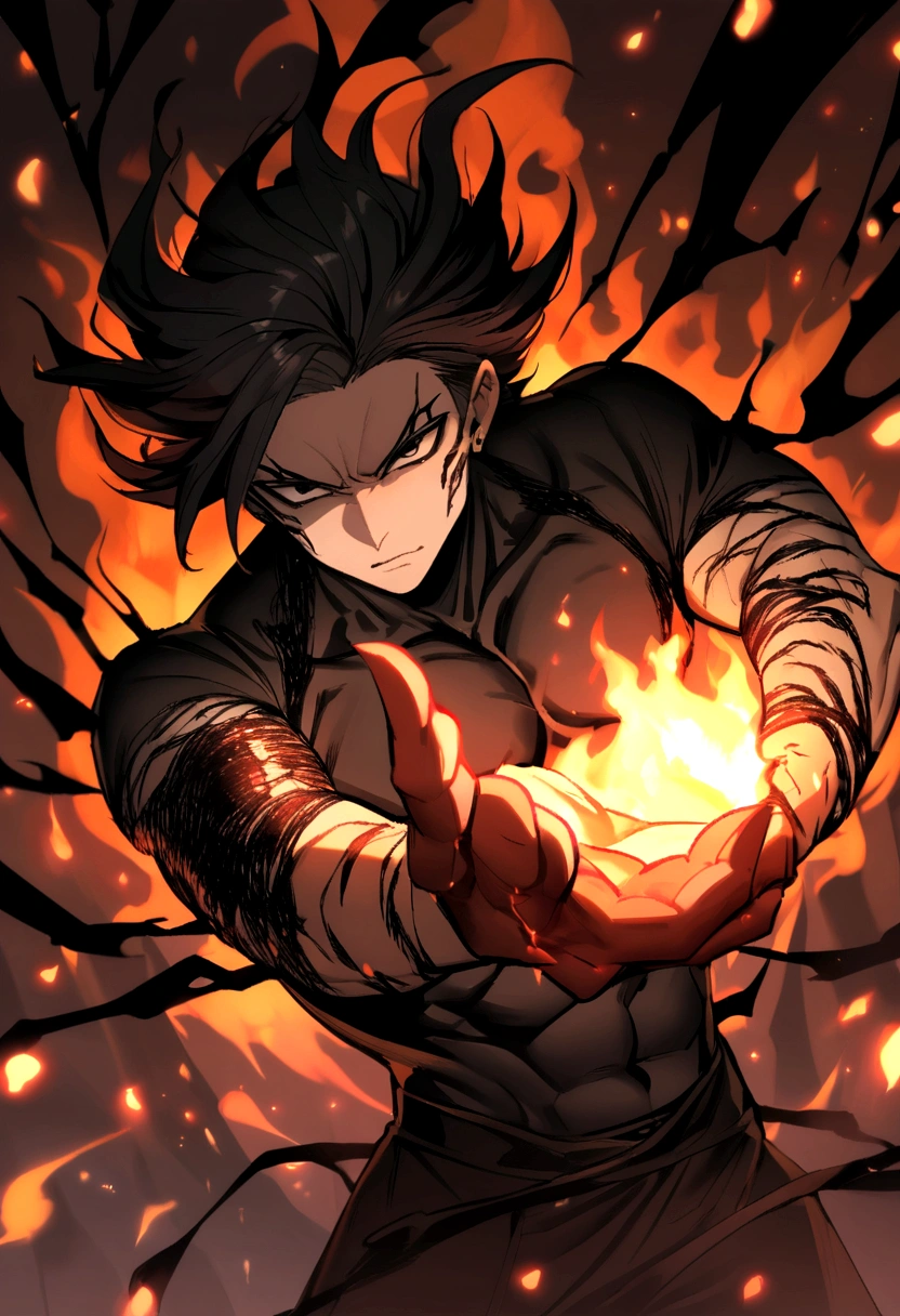 A male devil, black hair, black eyes, black energy around him, black energy covering an arm,