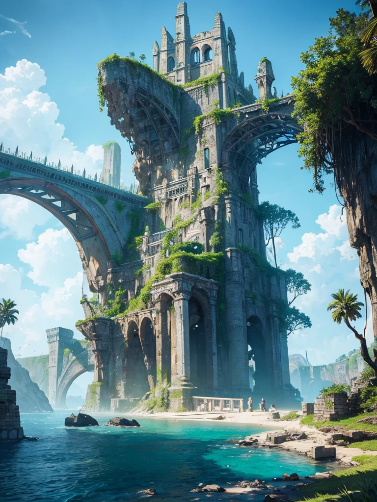 Mysterious island with bridges, ancient ruins and temples, colorful, fantasy, detailed, cineatic lights, hd, ultra hd , lights particles