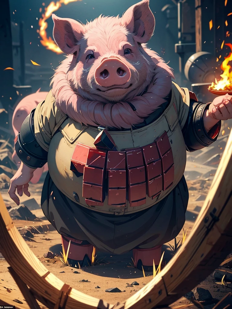 I want you to draw the god of all pigs in the pig world, he is a great animal, pig, boar, demon, robot.. Ready for a terrible battle.  I don&#39;t want human faces or people, just demonic pigs with fangs., the pig titan, the biggest of pigs, is fighting fiercely to conquer the world,  the pig titan un gran cerdo the biggest of pigs es es el Dios de todos los cerdos y tiene colmillos y es grande y es muy agresivo y terrorífico,  and it is imposing, impressive and super powerful and gives the space to put letters.  a demonic pig God with big demon pigs and there are three big pigs Titans gods of all pigs and all heavy metal. I don&#39;t want people, just animals.. 

