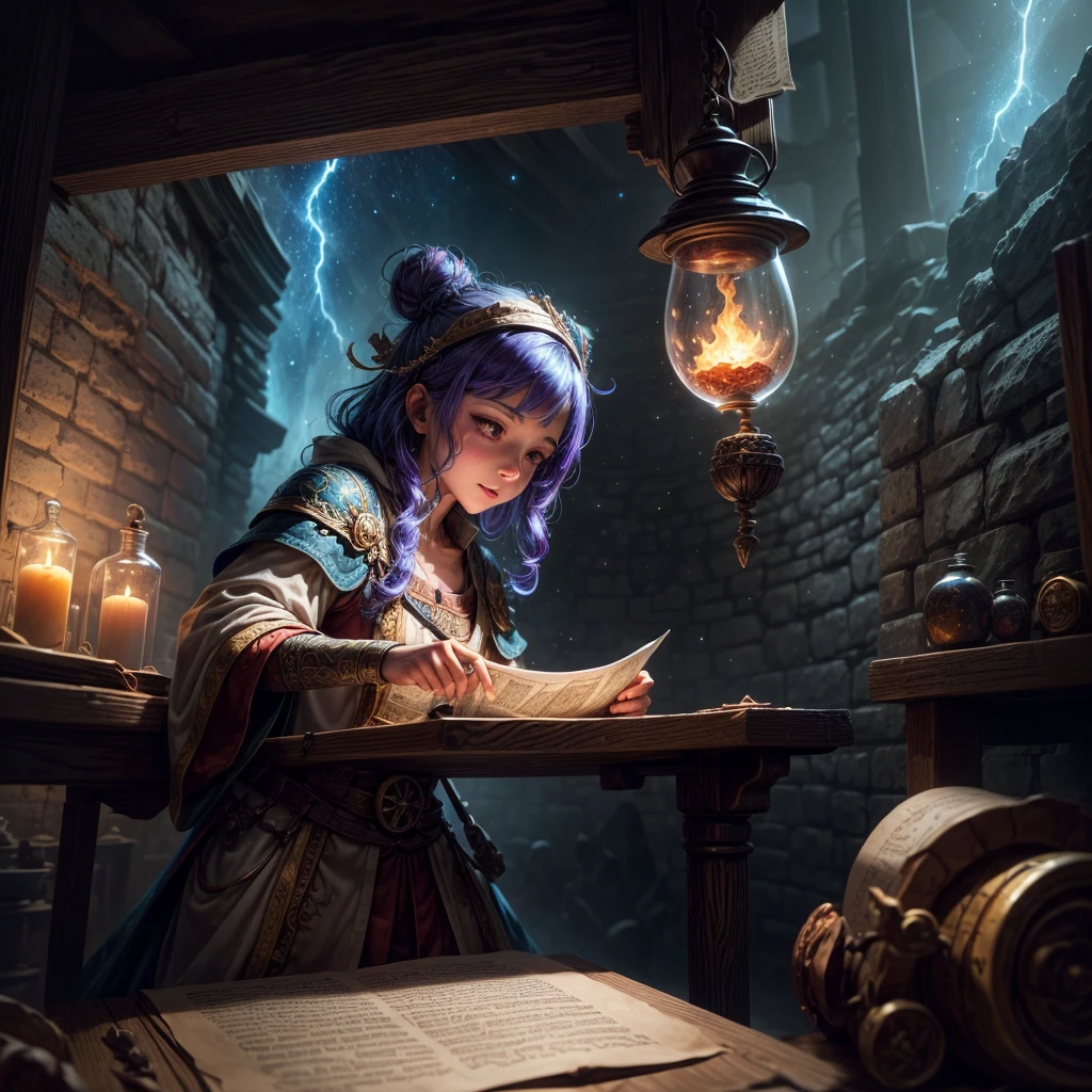 ((A powerful sorcerer and alchemist working in his laboratory in the catacombs.  A small baby dragon, no more than 1 meter tall, sits on an ancient wooden table among spell books and parchment scrolls observing the sorcerer at work mixing potions, ((fog and mist)), ((stars, nebula, and moons in vibrant background sky)), superb render, (rock wall textures), ((scrolls and parchment)), ((glass vials)), sublime texturing, extreme detail and resolution, insanely detailed and intricate, 8k, RAW image, hyper resolution, rule of thirds