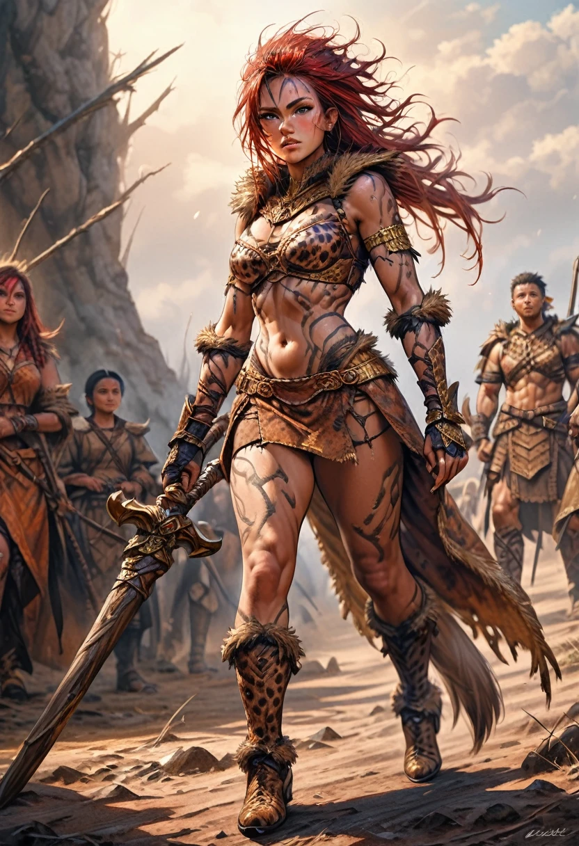 (best quality,ultra-detailed),(realistic:1.37), full body shot, scene:sexy muscled female barbarian,red long hair,sexy barbarian armor outfit, lots of cheetah fur details, six packs,detailed chetah fur tunic under armor, scouting plain nearby on savana ,medium:oil painting,material:fine canvas,additional details:gorgeous golden accessories,jewelry, cheetah leather boots,art style:fantasy,colors:rich and vibrant,lighting:soft golden sunlight