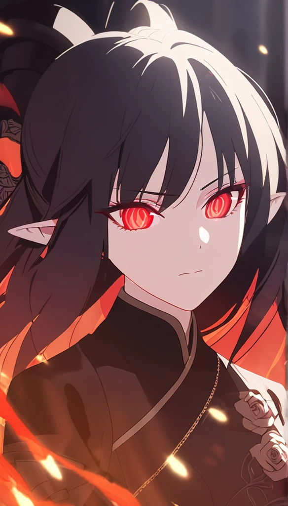 1woman, elven ears, darkness god, fire black hair, straight hairstyle, glowing red eyes, black roses, fire wings, cruel angel, no emotion faced, elegant thai warrior,