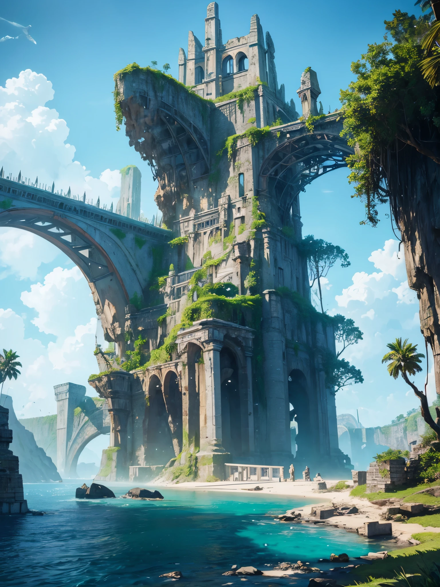 Mysterious island with bridges, ancient ruins and temples, colorful, fantasy, detailed, cineatic lights, hd, ultra hd , lights particles