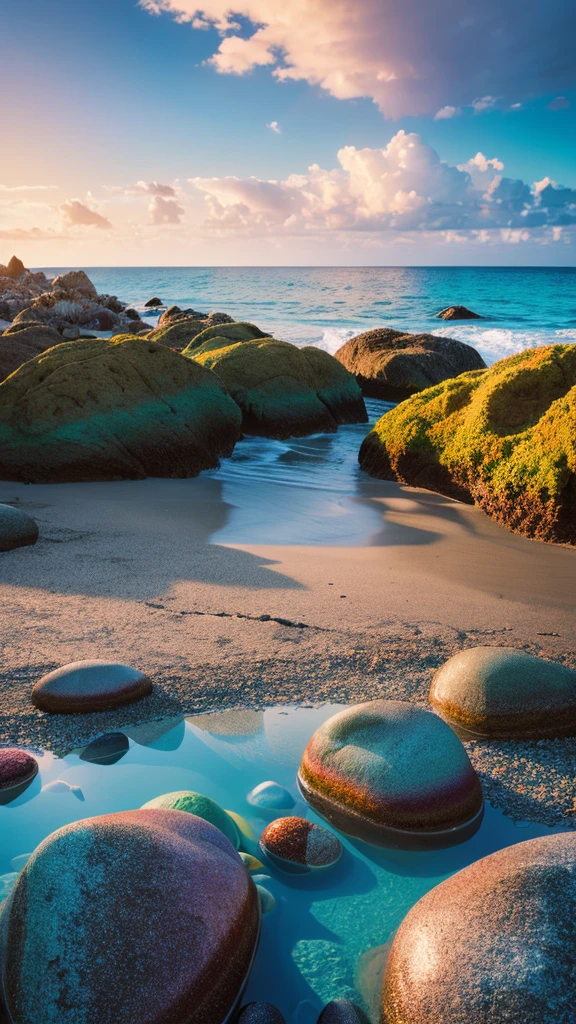 there is a rainbow in the sky over a beach with rocks and pebbles, an illustration of by Igor Grabar, trending on shutterstock, fine art, seashore, magical beach, sunny rainbow galaxy stormy sea, colorful hd picure, near the seashore, rainbow reflections, just one rainbow 8 k, beach landscape, still of rainbow ophanim, calm vivid colors