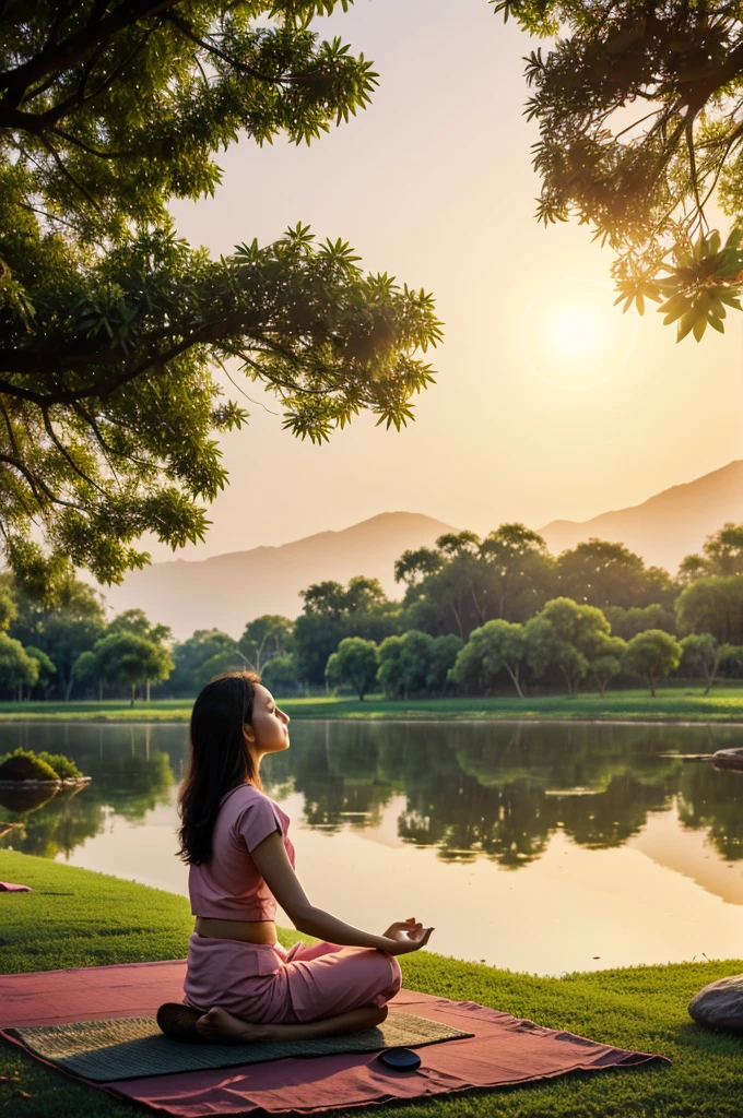 Create an image of a meditating yogi, sitting under a tree at dawn. A lotus flower blooming in the background.