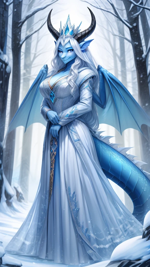 Best quality, cinematic image, Detailе.ed image, fantasy, mythical creature, horns, ice scales, beautiful woman, ice spirit, The Snow Queen, blue skin, Ice Dragon, Dragon Wings, dragon tail, detailed beautiful голубыe eyes, very long wavy white hair, cold look, White dress, big beautiful breasts, full length, winter forest