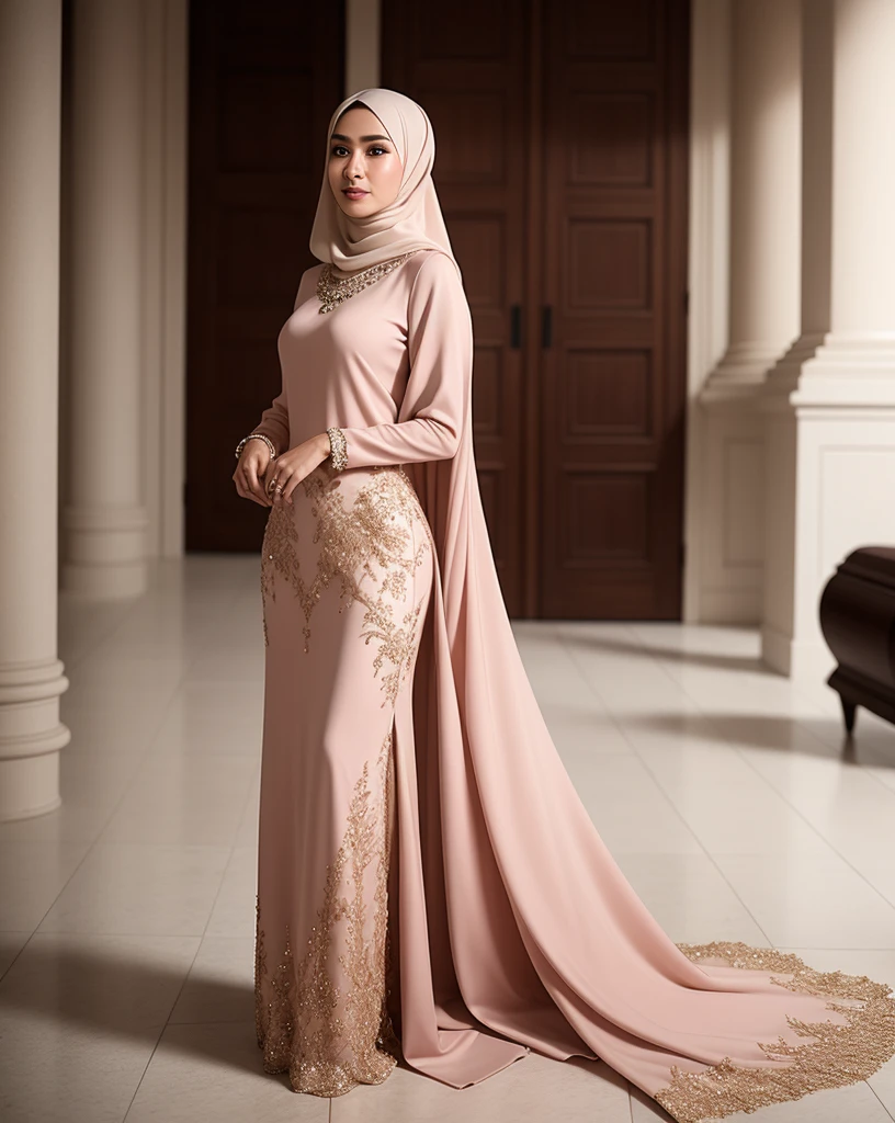 Capture a portrait of the Malay woman in an elegant evening gown and hijab, posing gracefully against a backdrop of soft, diffused lighting, exuding timeless beauty and sophistication