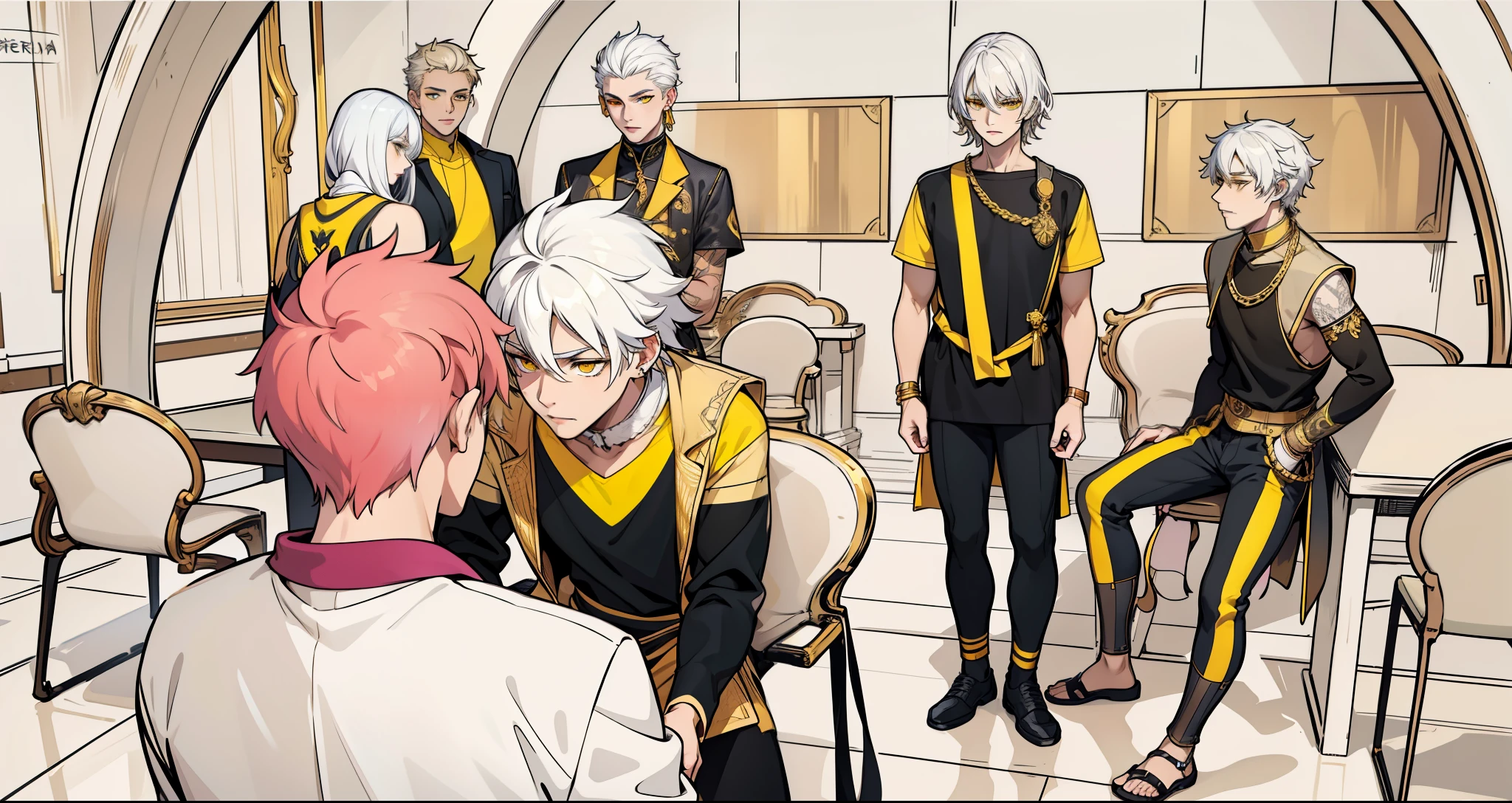 white hair yellow eyes golden jewelry black and yellow coleres clothing speaks kindly