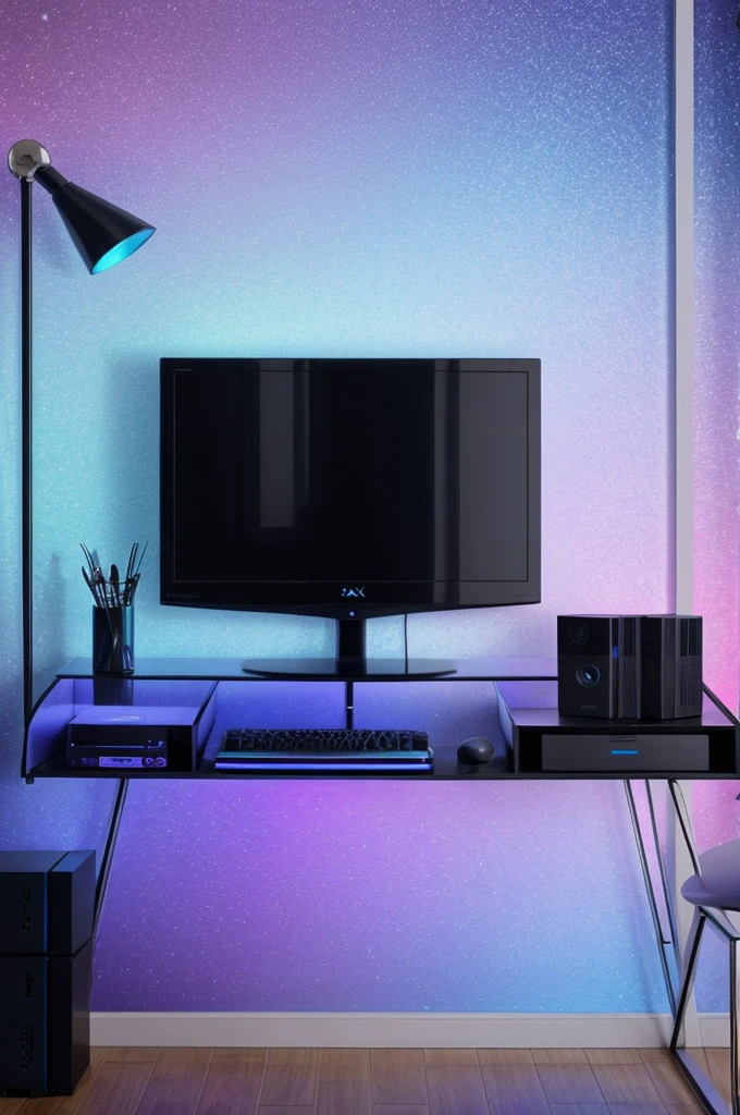 Wall with holographic wallpaper, plus un écran d’ordinateur avec une PS 4 un bureau Et une chaise gamer