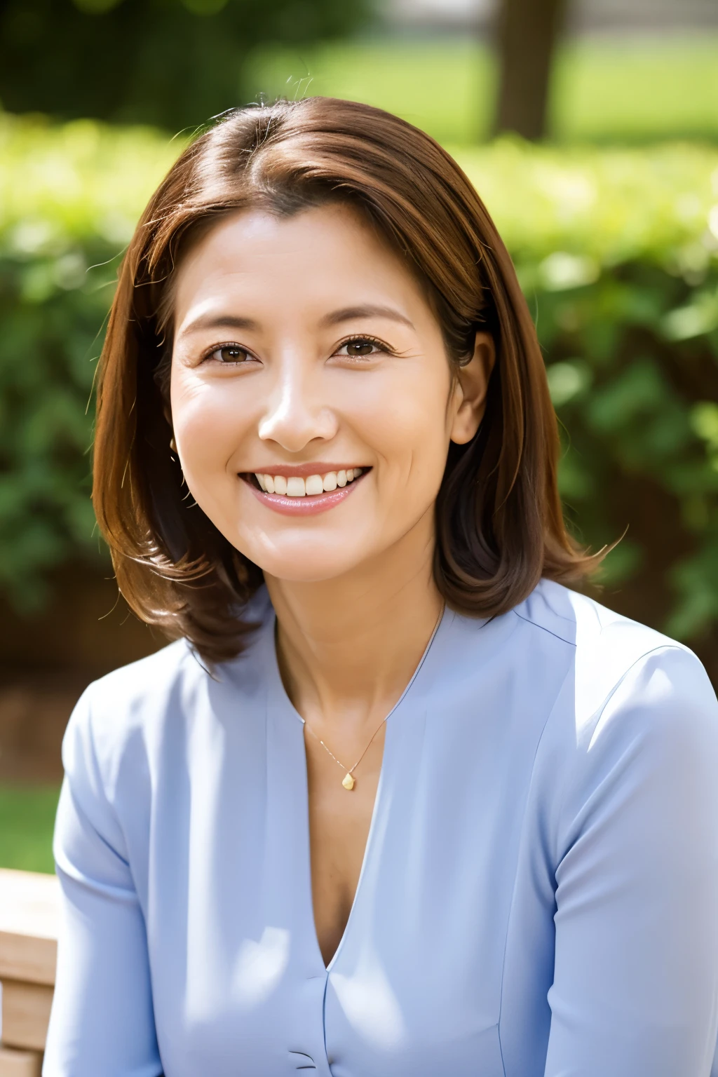 最high quality, In 8K, Masseter region, real, Sharp focus, high quality, High resolution, Detailed face, Fine grain, Thick lips, Background Blur, alone, Full body photography, Middle-aged women, , 65 years old, , Wavy Hair, Cleavage, Wearing a plain short-sleeved knit, Sitting on a park bench, Wrinkles around the eyes, Smiling with teeth showing