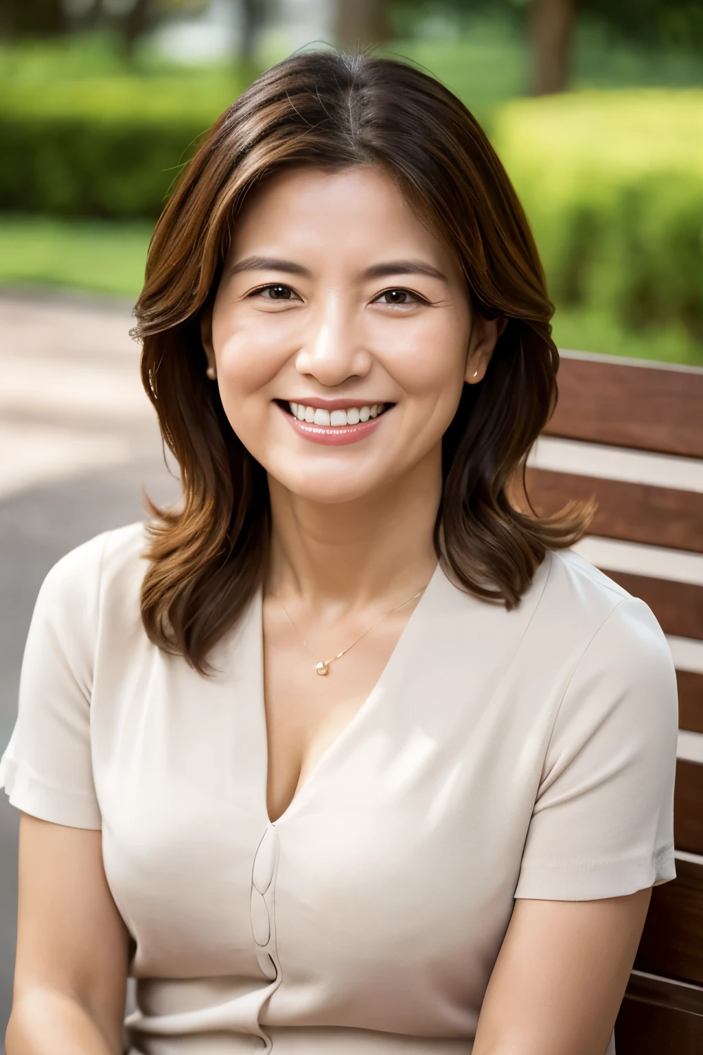 最high quality, In 8K, Masseter region, real, Sharp focus, high quality, High resolution, Detailed face, Fine grain, Thick lips, Background Blur, alone, Full body photography, Middle-aged women, , 65 years old, , Wavy Hair, Cleavage, Wearing a plain short-sleeved knit, Sitting on a park bench, Wrinkles around the eyes, Smiling with teeth showing