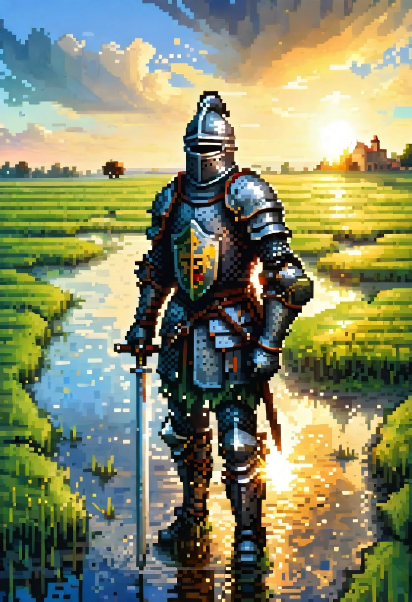 Fish-eye lens, portrait photo of a medieval knight in black armor in a green field, puddles, blue sky, sunset, sunshine on armor, pixel art