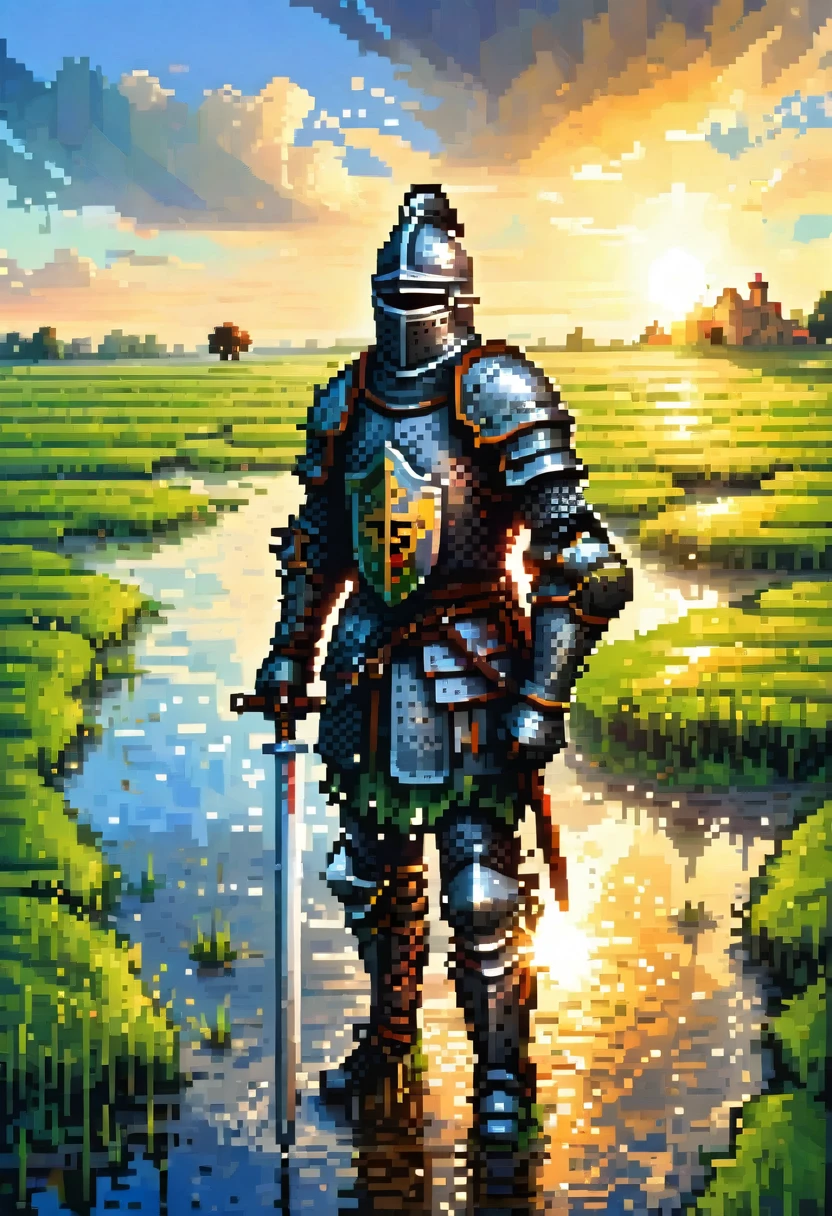 Fish-eye lens, portrait photo of a medieval knight in black armor in a green field, puddles, blue sky, sunset, sunshine on armor, pixel art