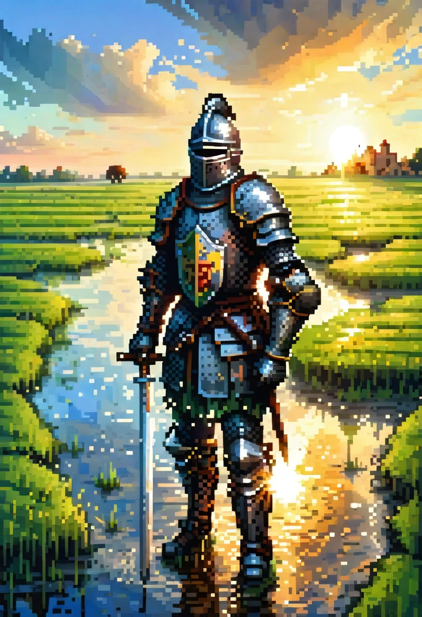 Fish-eye lens, portrait photo of a medieval knight in black armor in a green field, puddles, blue sky, sunset, sunshine on armor, pixel art