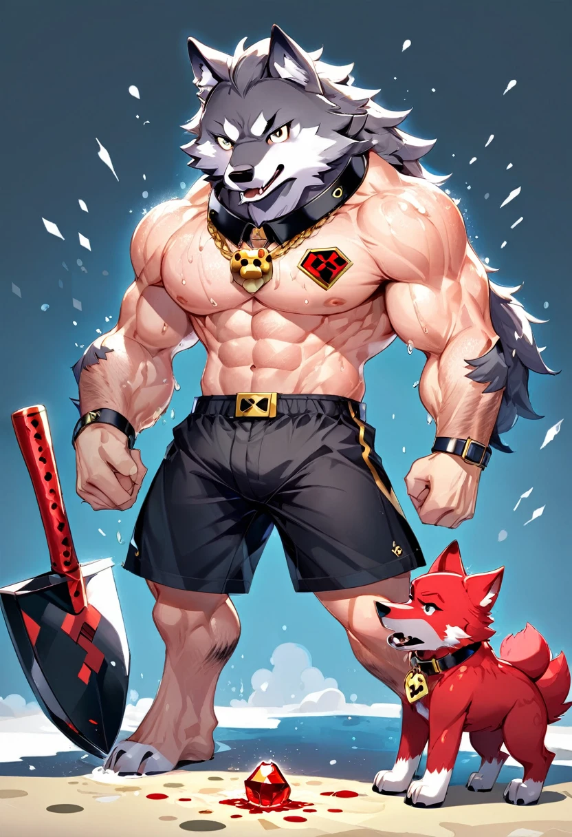 A muscular Minecraft wolf with a red pet collar with a gold plate and a wolf paw symbol, wearing black boxer shorts, holding a diamond pickaxe, sweating, cartoon