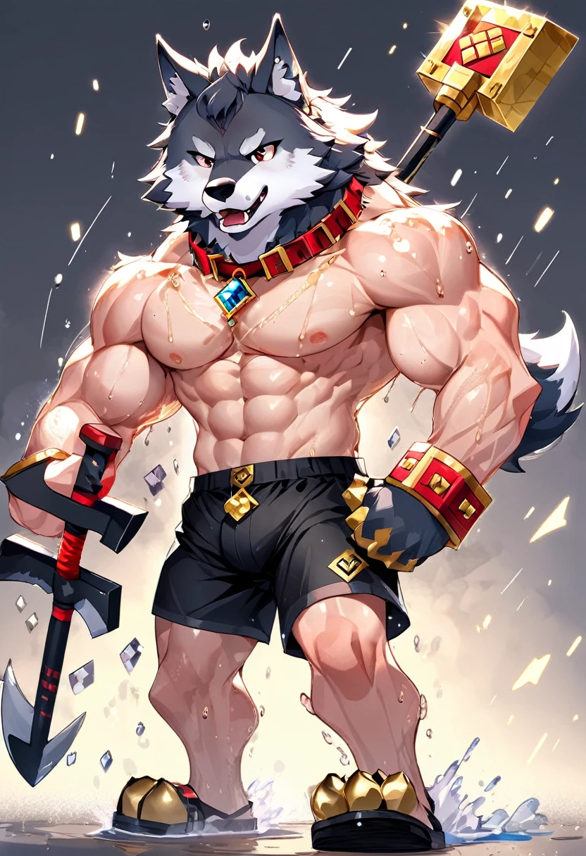 A muscular Minecraft wolf with a red pet collar with a gold plate and a wolf paw symbol, wearing black boxer shorts, holding a diamond pickaxe, sweating, cartoon