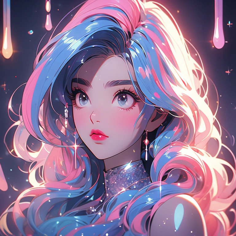 a portrait of a woman who looks very bored, glitter slime dripping from her face, she has long hair with colored streaks, neon lipstick