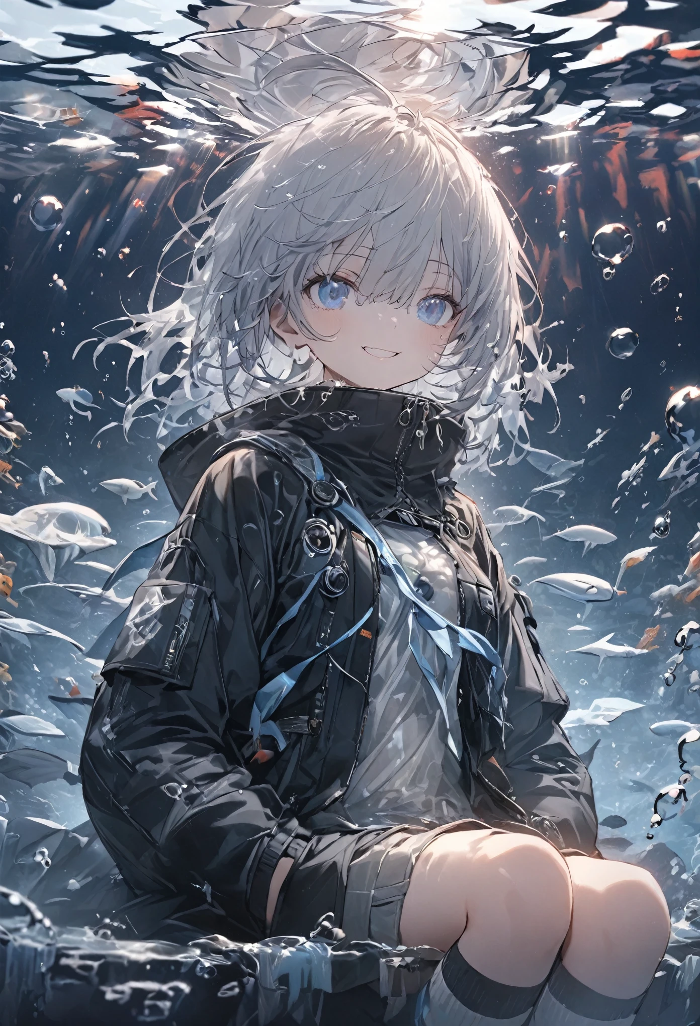 ((Highest quality)), ((masterpiece)), ((Ultra-detailed)), (Very delicate and beautiful), With a girl, solo, Cold attitude,((Black jacket)),She is very(relax)with(Calm)Appearance,Black-haired, Depth of written boundary,Wicked Smile,bubble, Underwater, Air bubbles,bright light blue eyes,Light grey hair with light blue tips and inner color,,,,,,,,,,Cold Background,Bob Hair - Line Drawing, Shorts、Knee-high socks、Like a white uniform 、Light blue ribbon tie、The clothes are transparent、Put your hands in your pockets、Eyes as bright as sapphires,Frontless Blue, A small blue light was floating、Upward glance、foodie