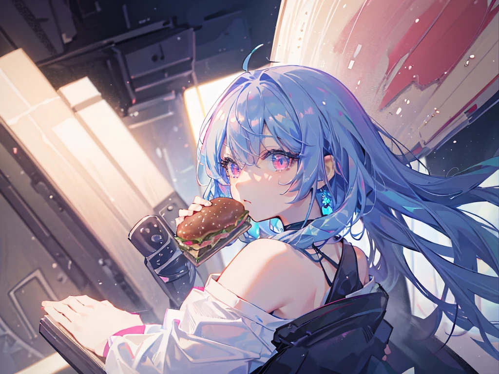 8k wallpaper,tmasterpiece,cinmatic lighting,top Quority,illustratio,Dramatic angles,((a color:1.1)),((Colored inner hair:1.4)),
1girll, solo, long blue hair, SakuraNS, Pink eyes, Cross necklace, parted lip, a white choker, liquid hair, Light blue hair, By bangs, By bangs, From the side Side, contours, The upper part of the body, blue hairs, anime kitchen backgound, pink back ground, exposed bare shoulders, sportrait, looking at viewert, white dresses, hairsbetweeneyes, colorfulhair, kitchen Background, Nebula, 耳Nipple Ring,jewely, majestic, eating hamburger, table of foods, crowded from behind