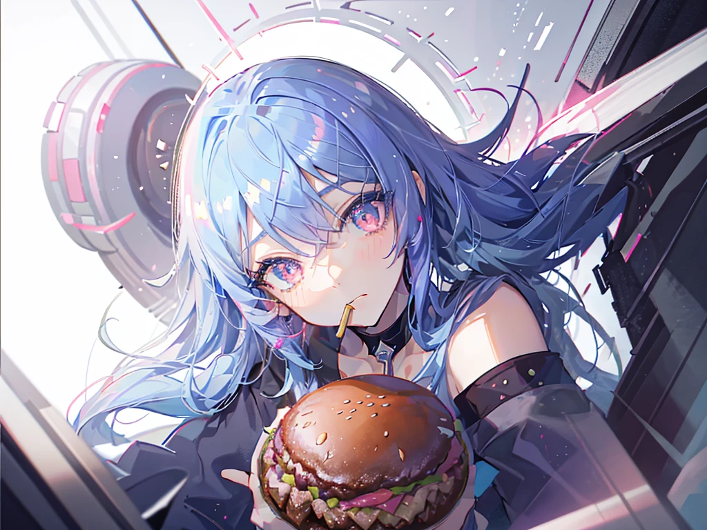 8k wallpaper，tmasterpiece，cinmatic lighting，top Quority，illustratio，Dramatic angles，（（a color：1.1）），（（Colored inner hair：1.4）），
1girll， solo， long blue hair， SakuraNS， Pink eyes， Cross necklace， parted lip， a white choker， liquid hair， Light blue hair， By bangs， By bangs， From the side Side， contours， The upper part of the body， blue hairs， anime kitchen backgound， pink back ground， exposed bare shoulders， sportrait， looking at viewert， white dresses， hairsbetweeneyes， colorfulhair， kitchen Background, Nebula, 耳Nipple Ring，jewely, majestic, eating hamburger, table of foods, crowded from behind