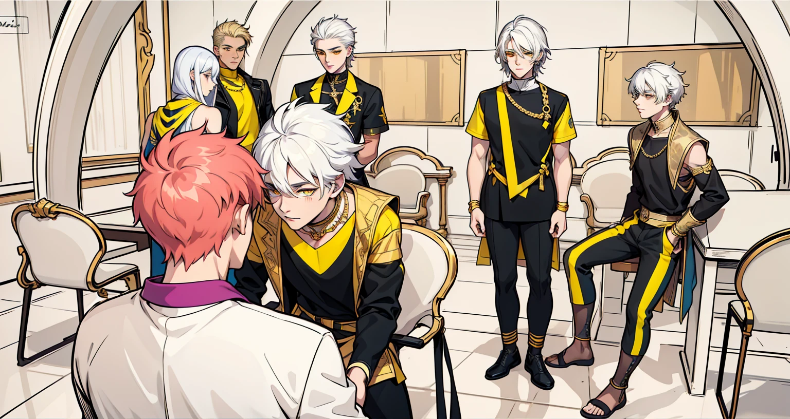 v ary men, 22 years old, white hair, yellow eyes, gold jewelry, black and yellow coleres clothes, speak kindly