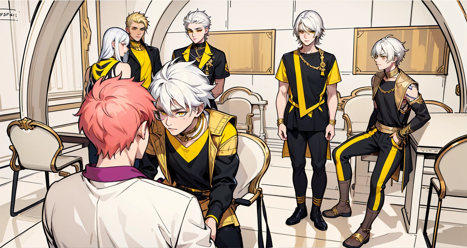 v ary men, 22 years old, white hair, yellow eyes, gold jewelry, black and yellow coleres clothes, speak kindly