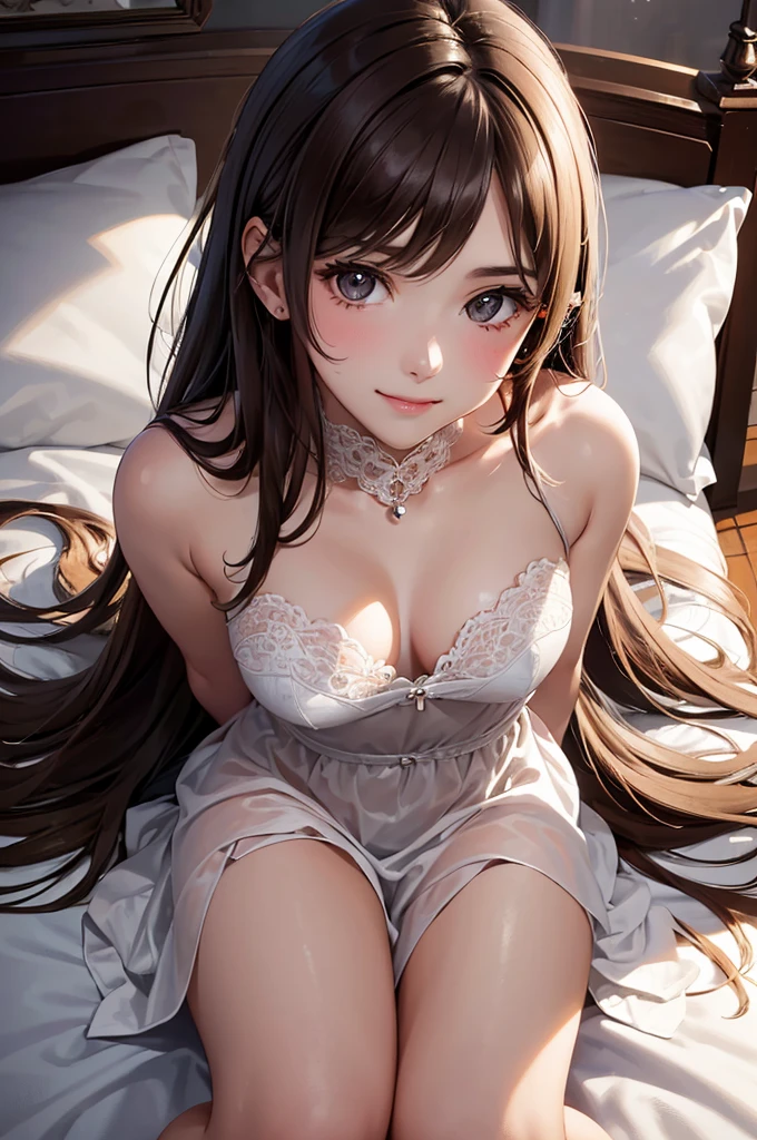 (Best Quality,High resolution,8K,finelity detailed background,Masterpiece:1.2),beautiful girl,Shiny brown hair,messy hair,Brown eyes,Gentle look,A refreshing look,Best quality,Best Quality,Aesthetic and aesthetic:1.2,Best details((Super detailed))(High-definition CG illustrations),cute下着 (white,intricate lace),Slender body,Late Night,Moonlit Night,Bedroom,On the bed,smile,blush,cute,Scrounge,Looking up,Being spoiled,super model,on back,shoot from above
