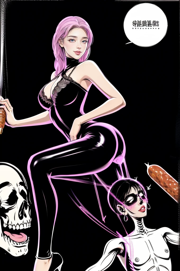 The beautiful girl in lace top and leggings is sitting astride a pile of skeletons in the center of the picture. She is holding a trembling sausage with juice squeezed out in her hand and smiling. There are multiple comic storyboards in the background,cbt, sausage bondage,sausage insertion,Sexy, trampling sausage with high heels heel,(masterpiece, best quality:1.2),1 beautiful girl,sexy,comic storyboard:2, leggings, sit astride, axially symmetrical:2, ,femdom,sounding,cbt,hold,smile,colorful,leggings,thin gap,cameltoe,insertion,trembling,juice,spray, Long hair,Lace top,Sexy, Shiny leggings, High heel,cleveage, trampling, in forest, saliva , Mucus