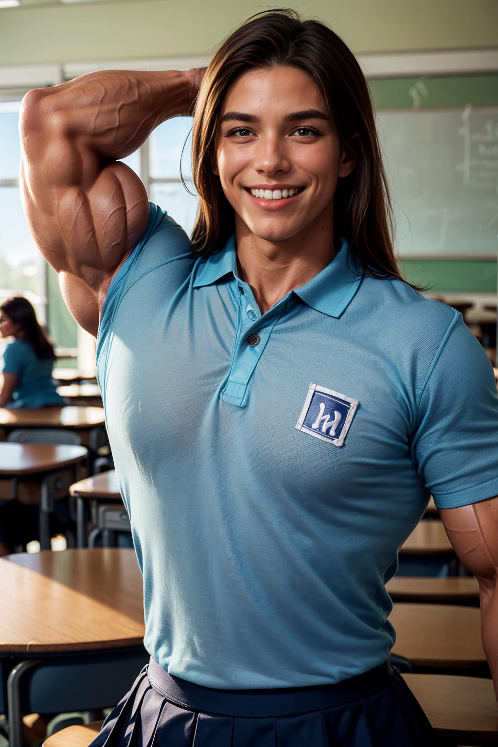 (Muscular:2), (thick thighs:1), (large muscular chest and shoulders:1.5), FEMALE, brown hair, long brown hair, (big smile:1.6), (wearing a tight blue short sleeve Polo shirt and skirt:1.5), looking at viewer, (three quarter view:1.2), upper body view, (school classroom:1.5), dark lighting, detailed skin, detailed eyes, (dark skin:1.3), (huge round muscles:1.6), (flexing pose:1.5),