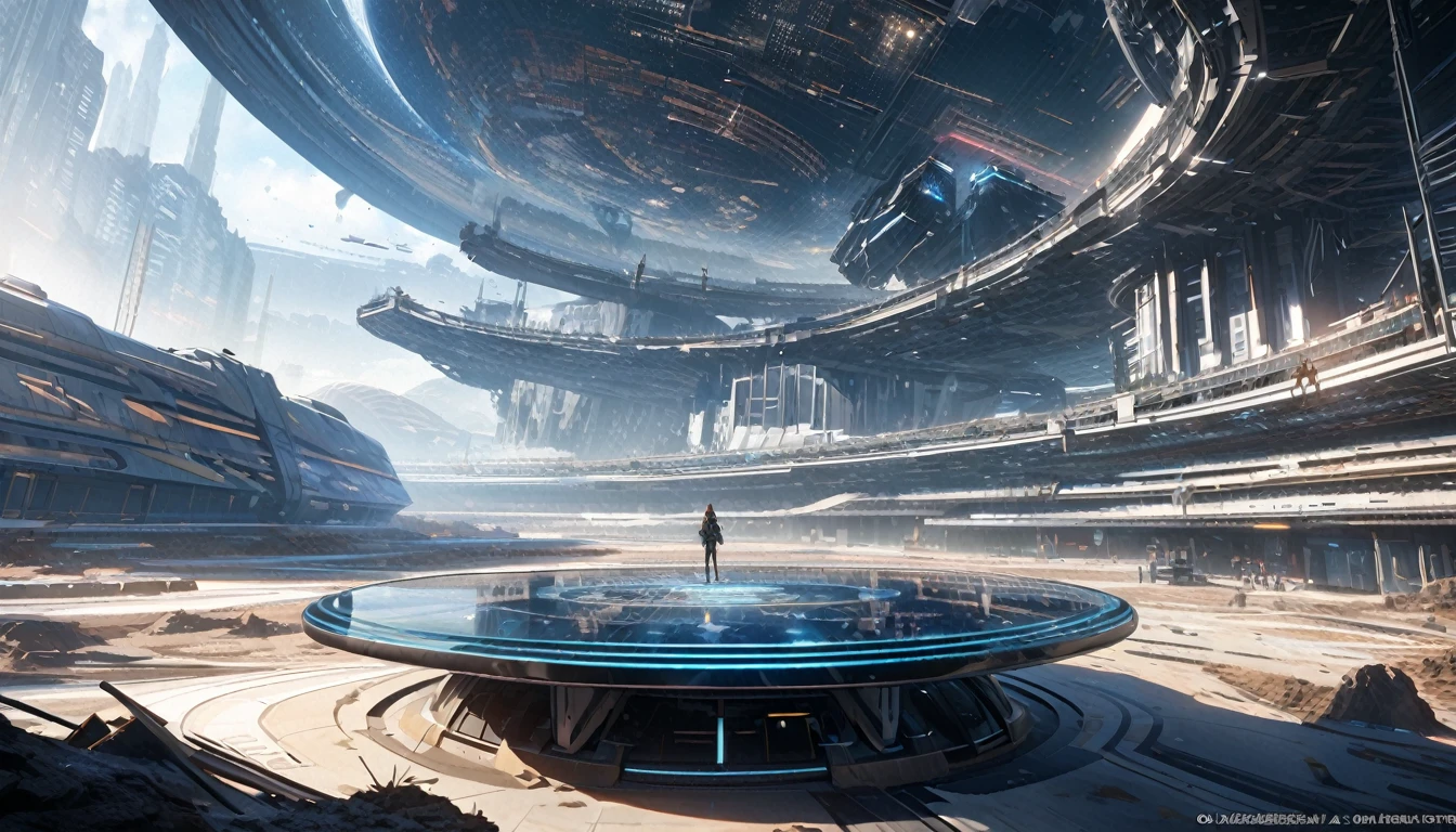 anime aestetics, science fictional landscape, bright day, space station on deserted planet, a futuristic building, a lot of creates around, two suns, double glares, hologram table, dust in the air, sandstorm far at the background, wide shot, atmospheric perspective, perspective, 4K, 8k, highres, best quality, award winning, super detail, accurate, masterpiece, UHD