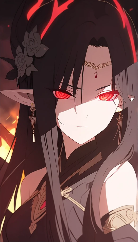 1woman, elven ears, darkness god, fire black hair, straight hairstyle, glowing red eyes, black roses, fire wings, cruel angel, no emotion, elegant thai warrior,