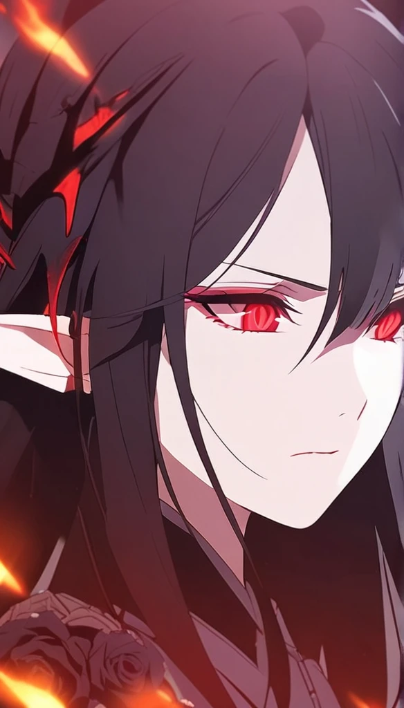 1woman, elven ears, darkness god, fire black hair, straight hairstyle, glowing red eyes, black roses, fire wings, cruel angel, no emotion, elegant thai warrior,