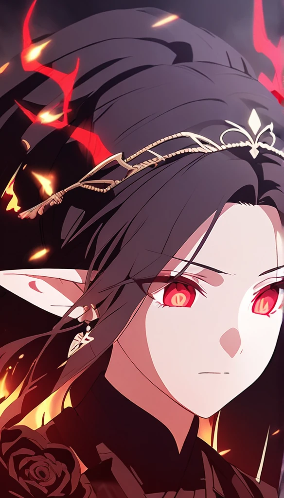 1woman, elven ears, darkness god, fire black hair, straight hairstyle, glowing red eyes, black roses, fire wings, cruel angel, no emotion, elegant thai warrior,