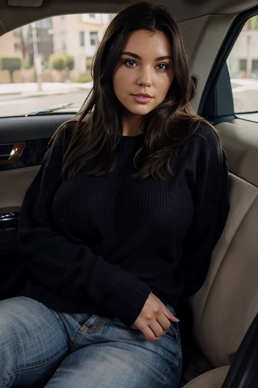 brunette woman (size dark hair with size tits in sweater) in a car with a