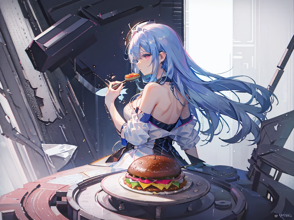 8k wallpaper,tmasterpiece,cinmatic lighting,top Quority,illustratio,Dramatic angles,((a color:1.1)),((Colored inner hair:1.4)),
1girll, solo, long blue hair, SakuraNS, Pink eyes, Cross necklace, parted lip, a white choker, liquid hair, Light blue hair, By bangs, By bangs, From the side Side, contours, The upper part of the body, blue hairs, anime kitchen backgound, pink back ground, exposed bare shoulders, sportrait, looking at viewert, white dresses, hairsbetweeneyes, colorfulhair, kitchen Background, Nebula, 耳?????? Ring,jewely, majestic, eating hamburger, table of foods, crowded from behind