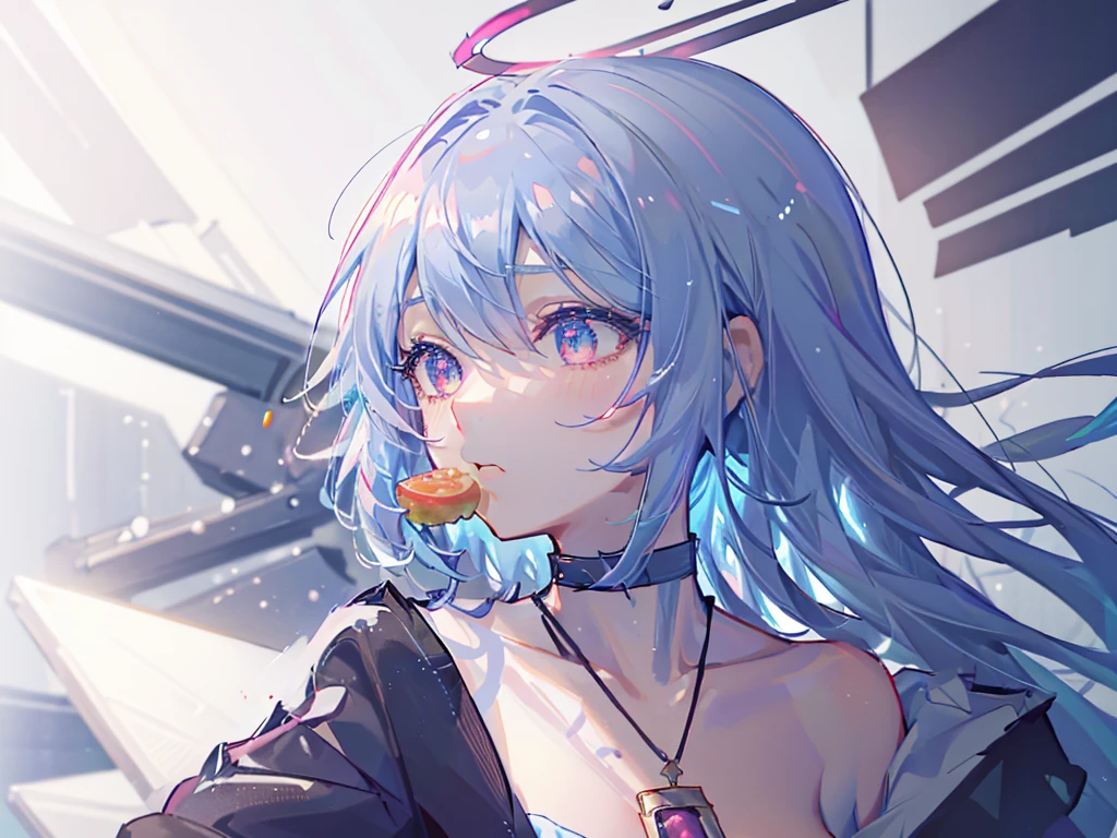 8k wallpaper,tmasterpiece,cinmatic lighting,top Quority,illustratio,Dramatic angles,((a color:1.1)),((Colored inner hair:1.4)),
1girll, solo, long blue hair, SakuraNS, Pink eyes, Cross necklace, parted lip, a white choker, liquid hair, Light blue hair, By bangs, By bangs, From the side Side, contours, The upper part of the body, blue hairs, anime kitchen backgound, pink back ground, exposed bare shoulders, sportrait, looking at viewert, white dresses, hairsbetweeneyes, colorfulhair, kitchen Background, Nebula, 耳Nipple Ring,jewely, majestic, eating hamburger, table of foods, crowded from behind
