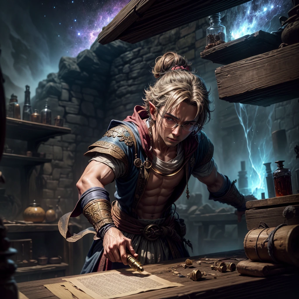 ((A powerful sorcerer and alchemist working in his laboratory in the catacombs.  A small baby dragon, no more than 1 meter tall, sits on an ancient wooden table among spell books and parchment scrolls observing the sorcerer at work mixing potions, ((fog and mist)), ((stars, nebula, and moons in vibrant background sky)), superb render, (rock wall textures), ((scrolls and parchment)), ((glass vials)), sublime texturing, extreme detail and resolution, insanely detailed and intricate, 8k, RAW image, hyper resolution, rule of thirds