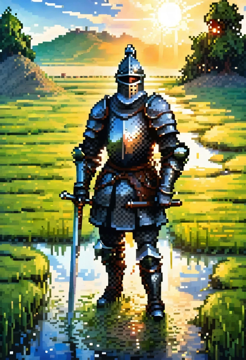 Fish-eye lens, portrait photo of a medieval knight in black armor in a green field, puddles, blue sky, sunset, sunshine on armor, pixel art