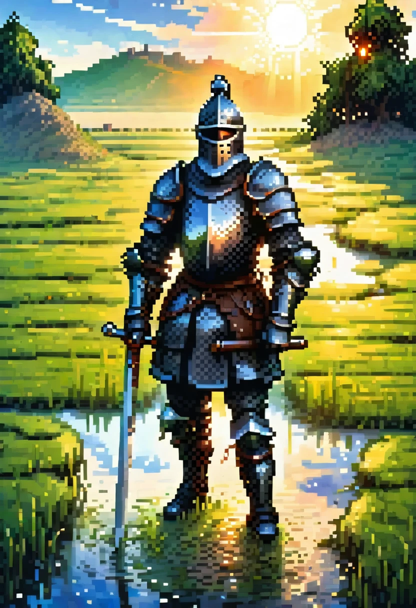 Fish-eye lens, portrait photo of a medieval knight in black armor in a green field, puddles, blue sky, sunset, sunshine on armor, pixel art