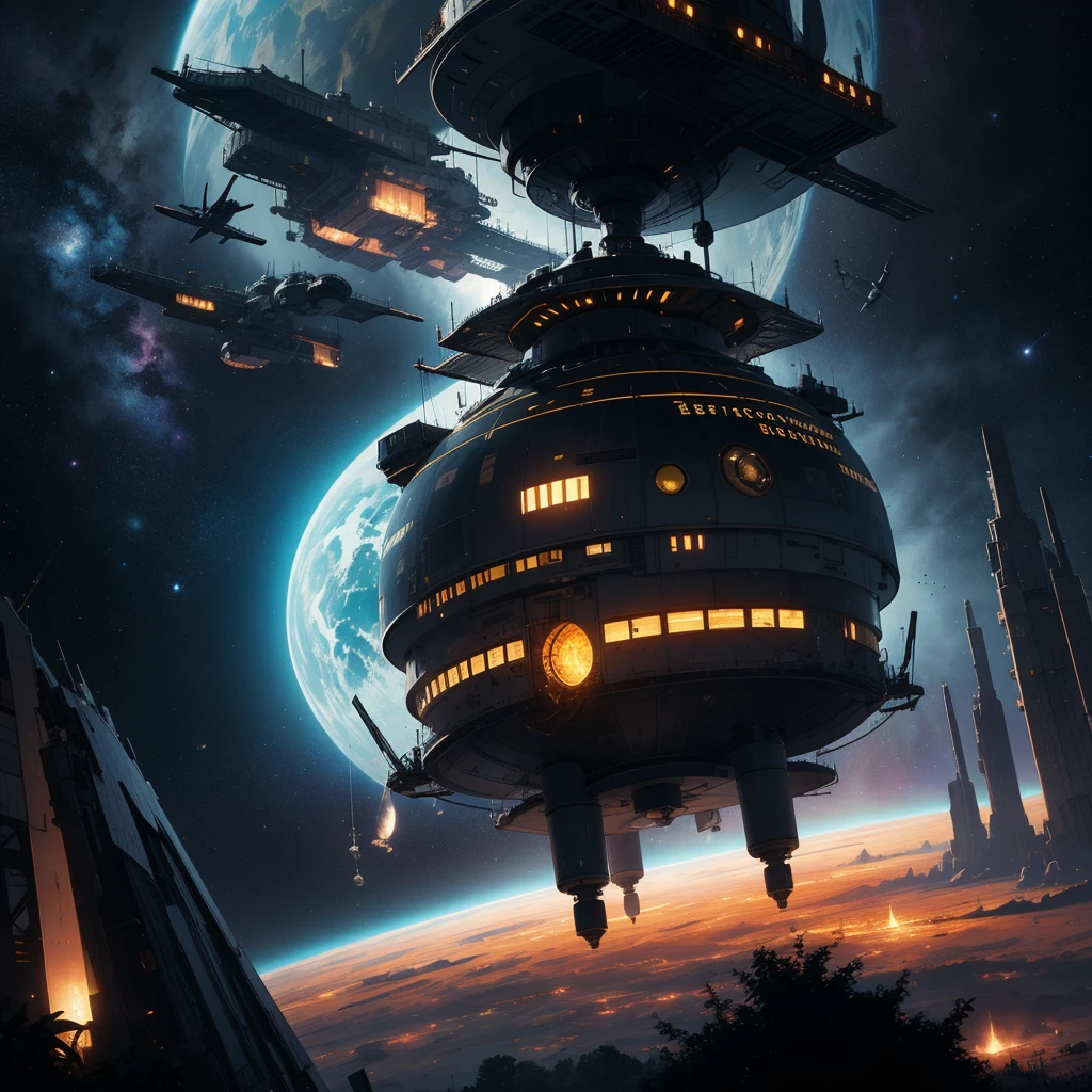A futuristic space station orbiting a vibrant, alien planet, with various spacecraft coming and going